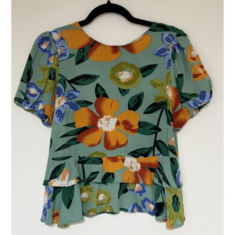 THML Blue Floral Tie Back Puff Sleeve Women’s Blouse Size XS